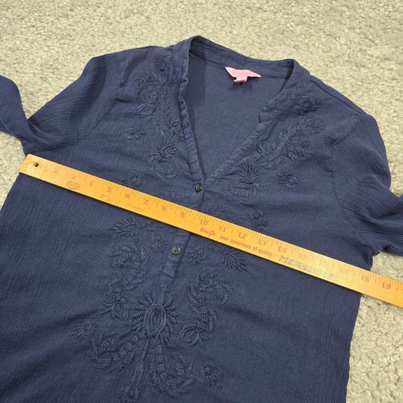 Lilly Pulitzer Shirt Womens Medium Blue Long Sleeve Tunic Embroidered Gauzy - Picture 9 of 12